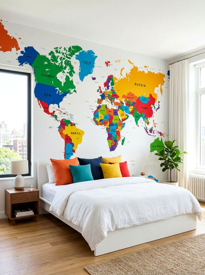 Colorful Political World Map Mural - 30 world map bedroom ideas