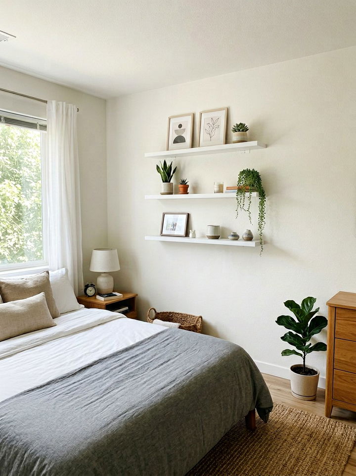 Command Strip Floating Shelves - 30 rental apartment bedroom ideas