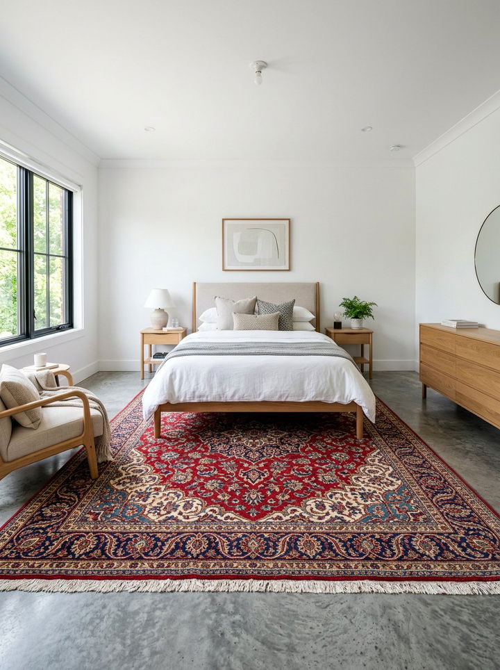 Concrete Bedroom With Colorful Rug - 30 polished concrete bedroom ideas
