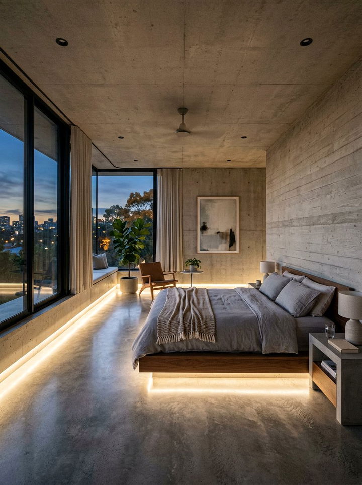 Concrete Bedroom With Floor Lighting - 30 polished concrete bedroom ideas