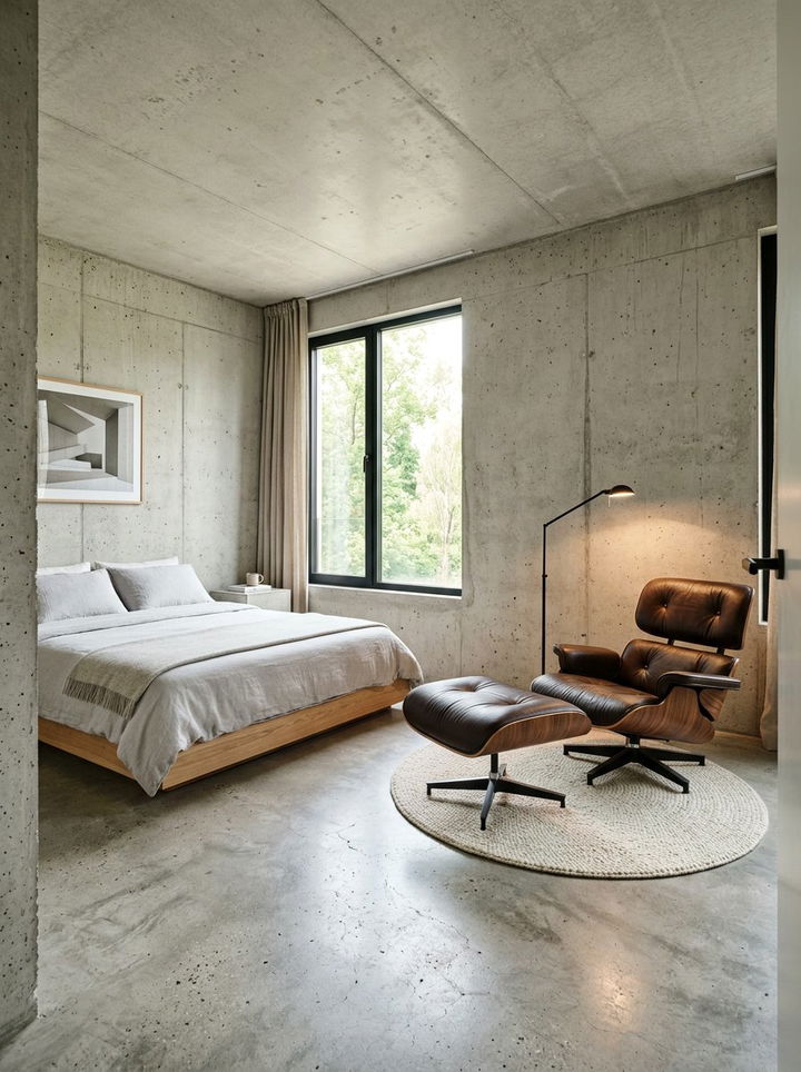 Concrete Bedroom With Leather Chair - 30 polished concrete bedroom ideas