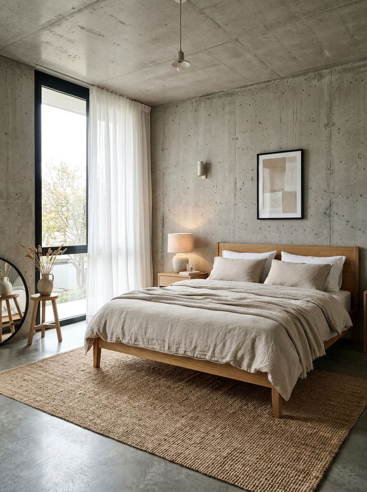 Concrete Bedroom With Linen Bedding - 30 polished concrete bedroom ideas