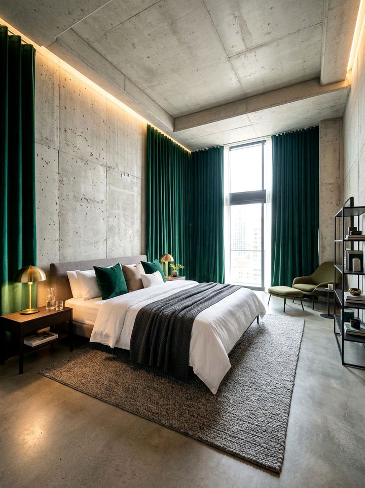 Concrete Bedroom With Velvet Curtains - 30 polished concrete bedroom ideas