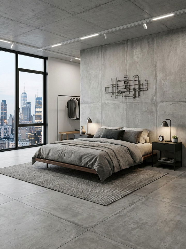 Concrete Look Porcelain Bedroom - 30 bedroom floor ideas