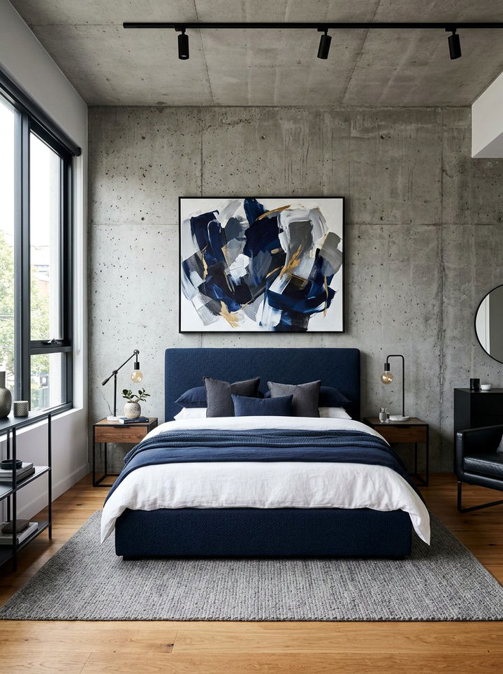 Concrete Wall Navy Bedroom - 30 industrial navy bedroom ideas