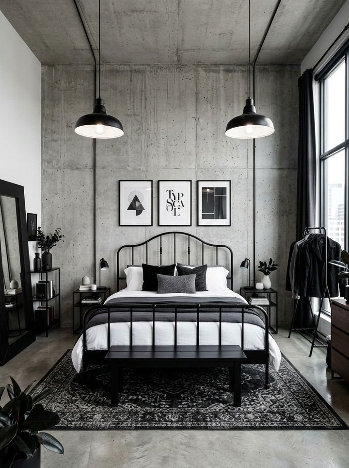 Concrete Wall With Black Decor - 30 concrete wall bedroom ideas