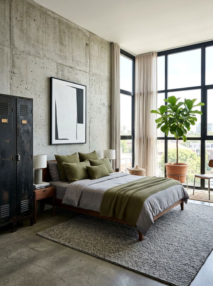 Concrete Wall With Olive Accents - 30 industrial green bedroom ideas