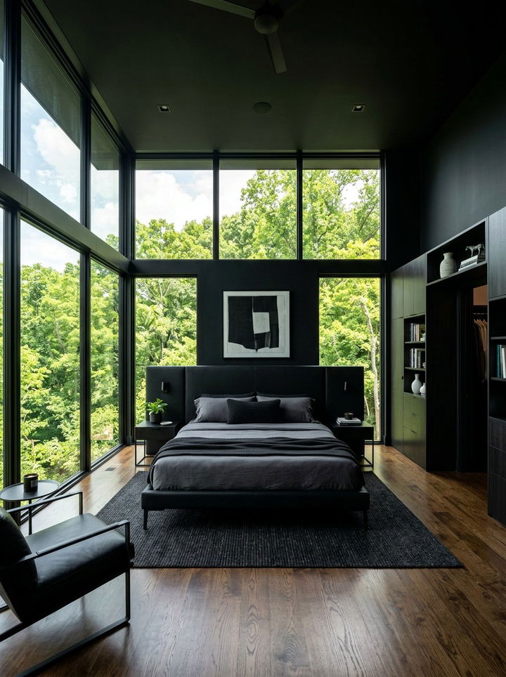 Contemporary Black Bedroom With Glass Walls - 30 dark black bedroom ideas