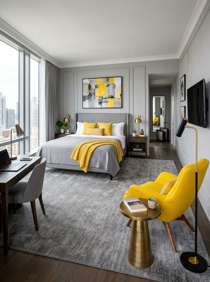 Contemporary Gray Suite Yellow Seating - 30 gray and yellow bedroom ideas
