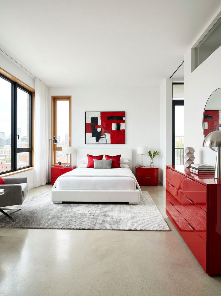 Contemporary Red Lacquer White Bedroom - 30 red and white bedroom ideas