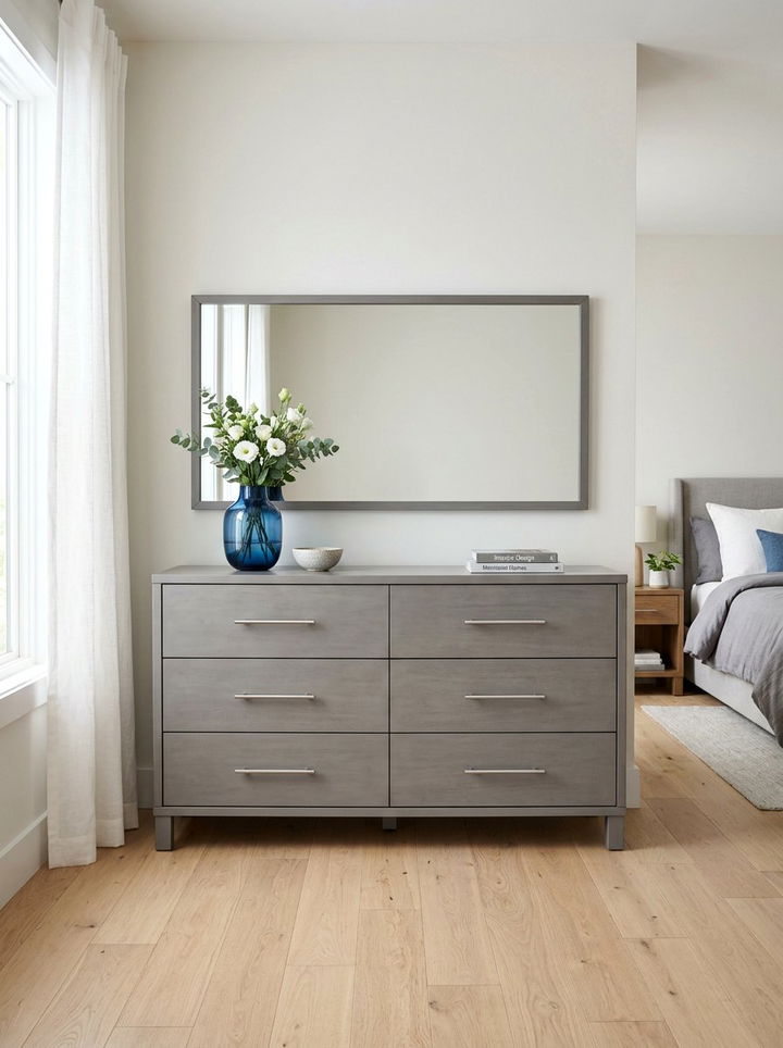 Contemporary gray dresser with landscape mirror - 30 bedroom dresser with mirror ideas