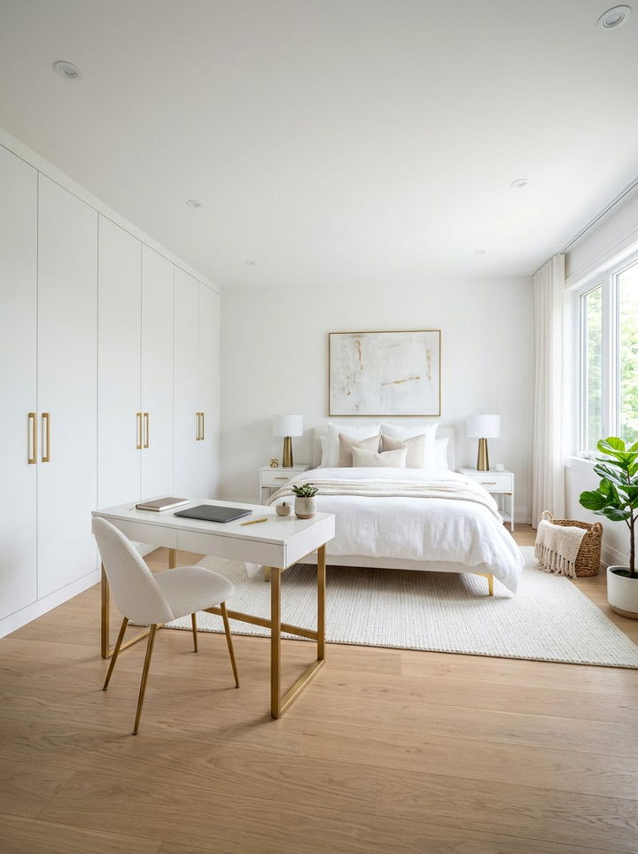 Contemporary white room with gold hardware - 30 gold and white bedroom ideas