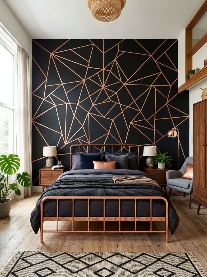 Copper Tape Wall Pattern - 30 bedroom geometric wall designs