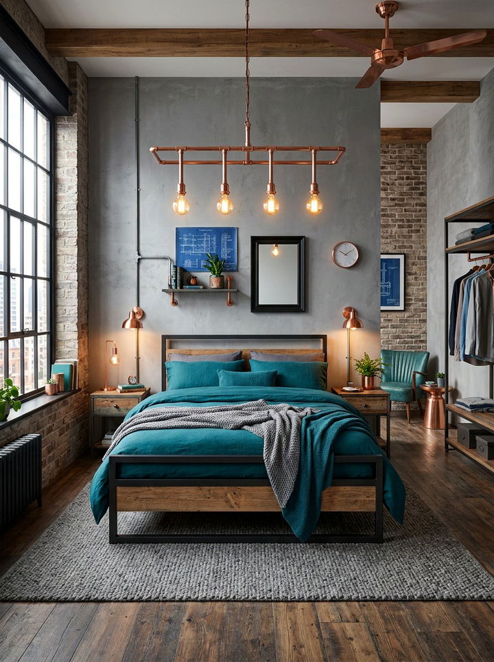 Copper accents teal bedroom - 30 industrial teal bedroom ideas