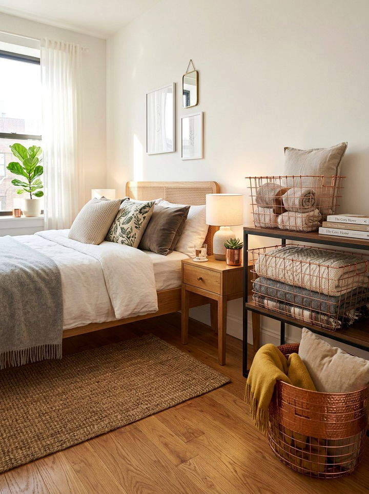 Copper basket storage - 30 copper accent bedroom ideas