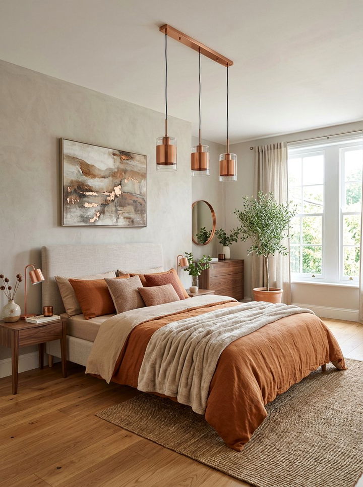 Copper finish bedroom lighting - 30 rust and beige bedroom ideas