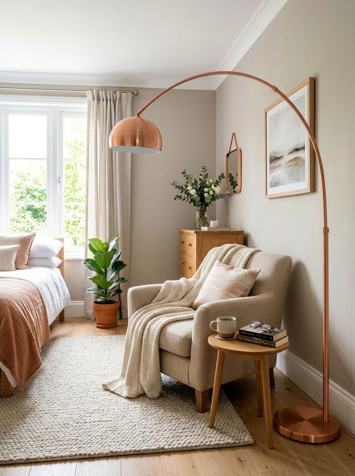 Copper floor lamp - 30 copper accent bedroom ideas