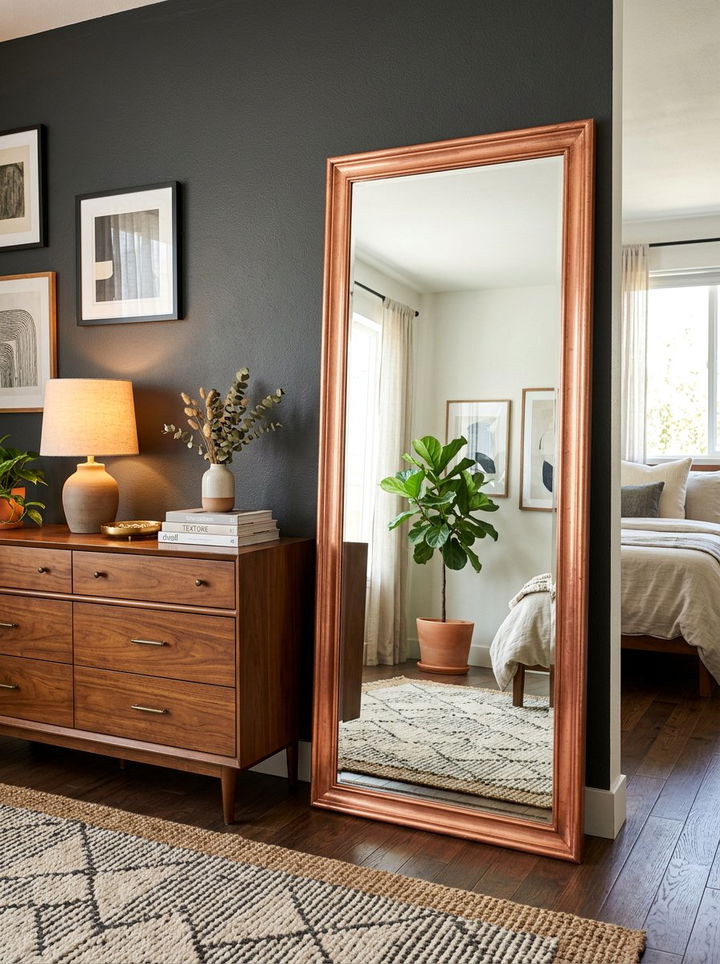 Copper frame leaning mirror - 30 bedroom leaning mirrors