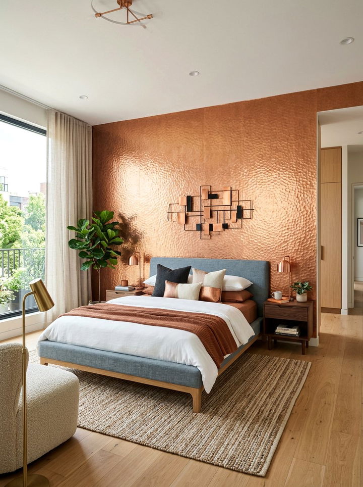 Copper headboard wall - 30 copper accent bedroom ideas