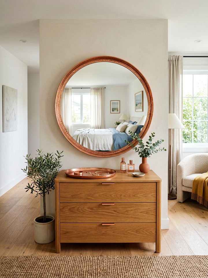 Copper mirror above dresser - 30 copper accent bedroom ideas