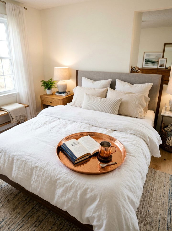 Copper tray on bed - 30 copper accent bedroom ideas