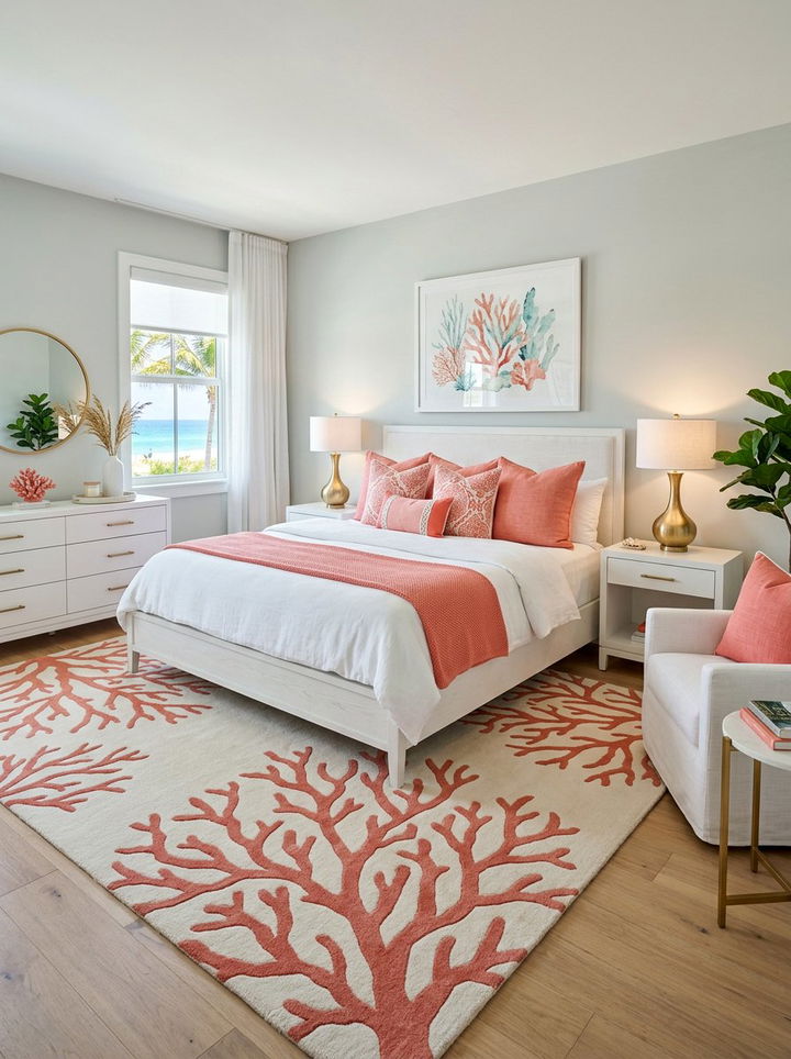 Coral accent coastal bedroom - 30 coastal bedroom color ideas