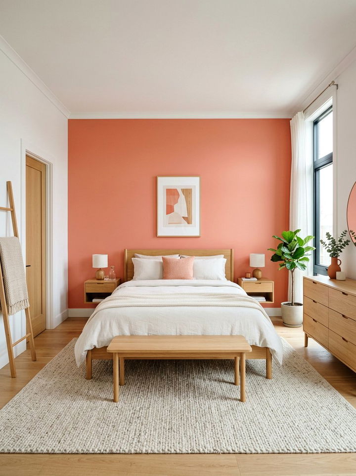 Coral accent wall - 30 coral bedroom ideas