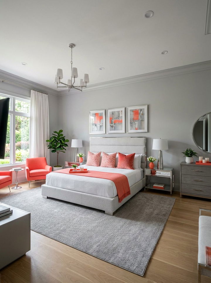 Coral and grey bedroom - 30 luxurious bedroom color ideas