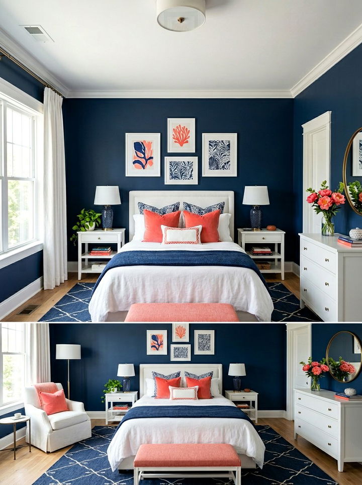 Coral and navy bedroom - 30 two tone bedroom ideas