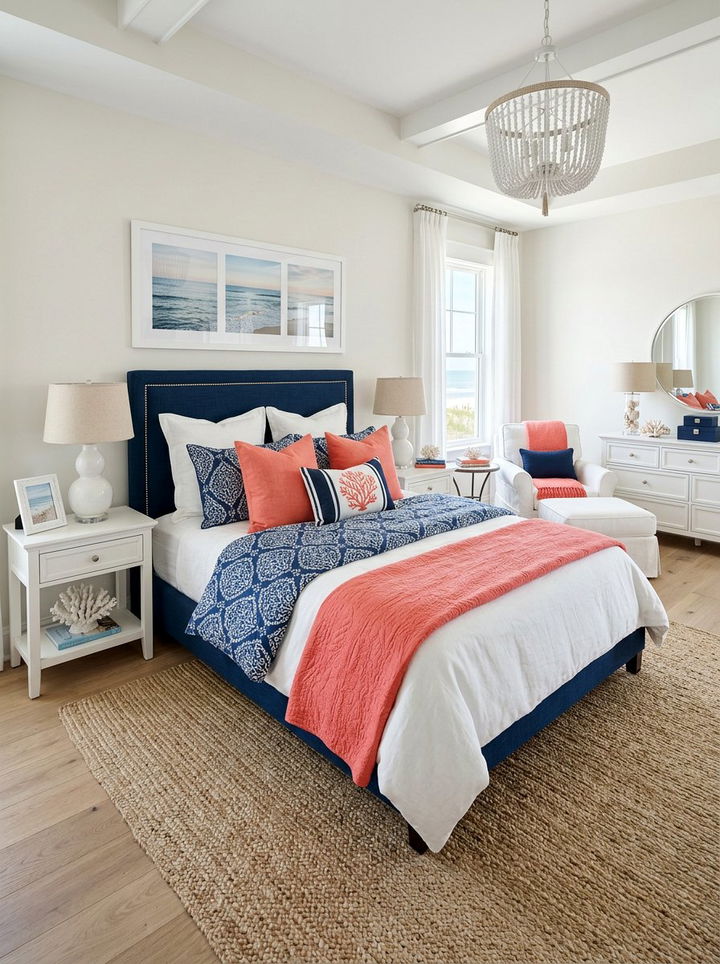 Coral and navy blue bedroom - 30 sunset inspired bedroom color ideas
