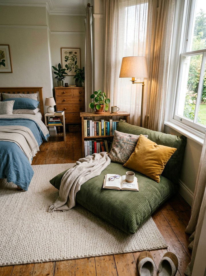 Corduroy Floor Cushion - 30 bedroom texture layering ideas