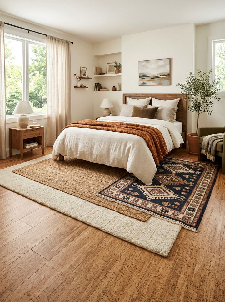 Cork flooring layered rugs - 30 bedroom cork flooring ideas