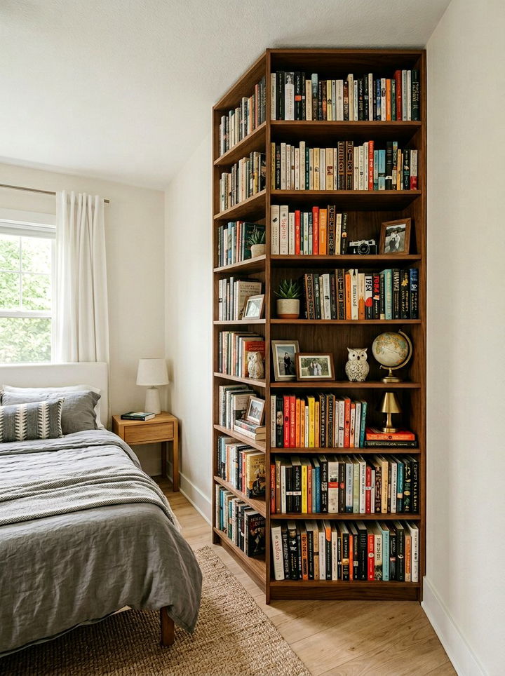 Corner Bookshelf - 30 bedroom space saving ideas