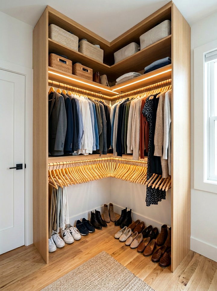 Corner Closet Layout - 30 bedroom wooden hangers