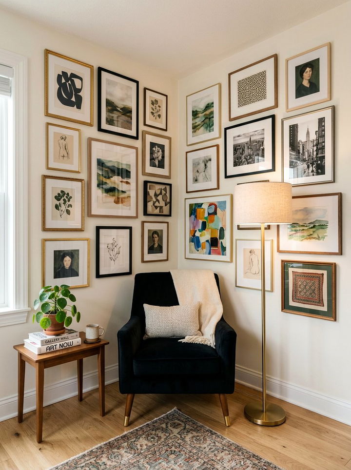 Corner Gallery Wall With Chair - 30 bedroom reading nook ideas