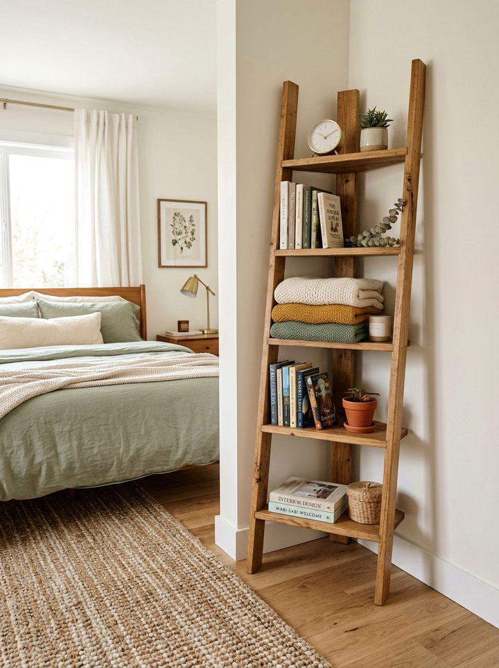 Corner Ladder Shelf - 30 bedroom corner storage ideas