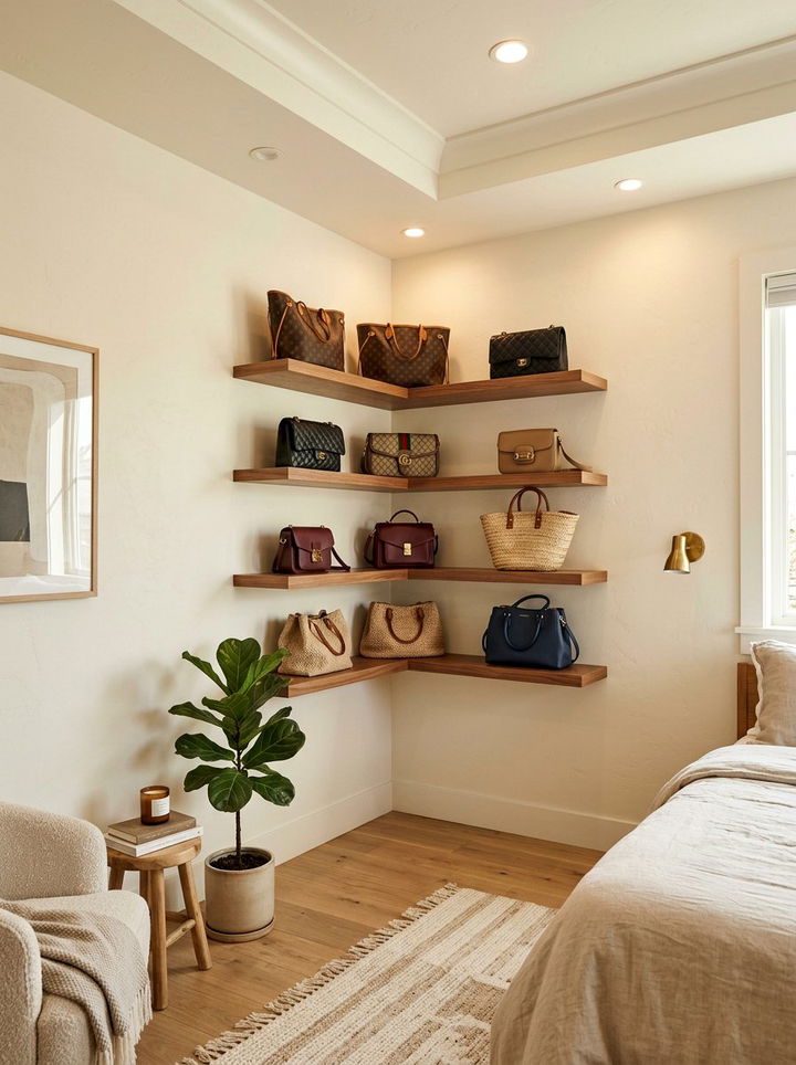 Corner Shelf Bag Storage - 30 bedroom bag storage ideas