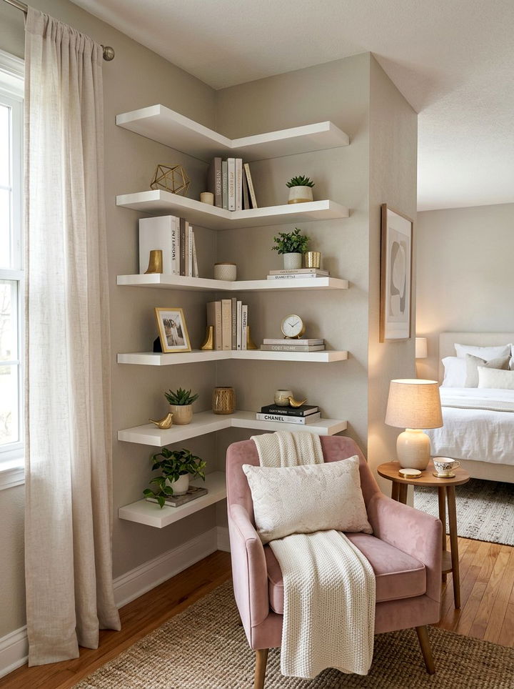 Corner Shelving Units - 30 small bedroom space storage ideas