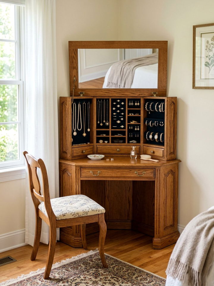 Corner Vanity With Hidden Jewelry Box - 30 bedroom corner vanity ideas