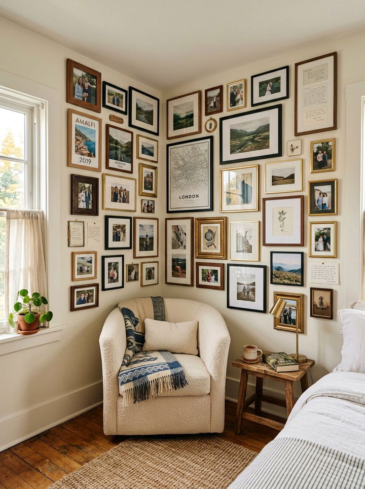 Corner gallery wall - 30 bedroom memory wall ideas
