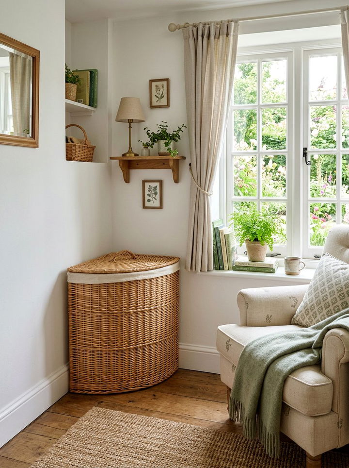 Corner laundry basket - 30 bedroom dirty clothes storage ideas