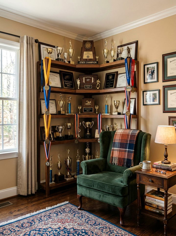 Corner trophy shelf - 30 bedroom trophy display ideas