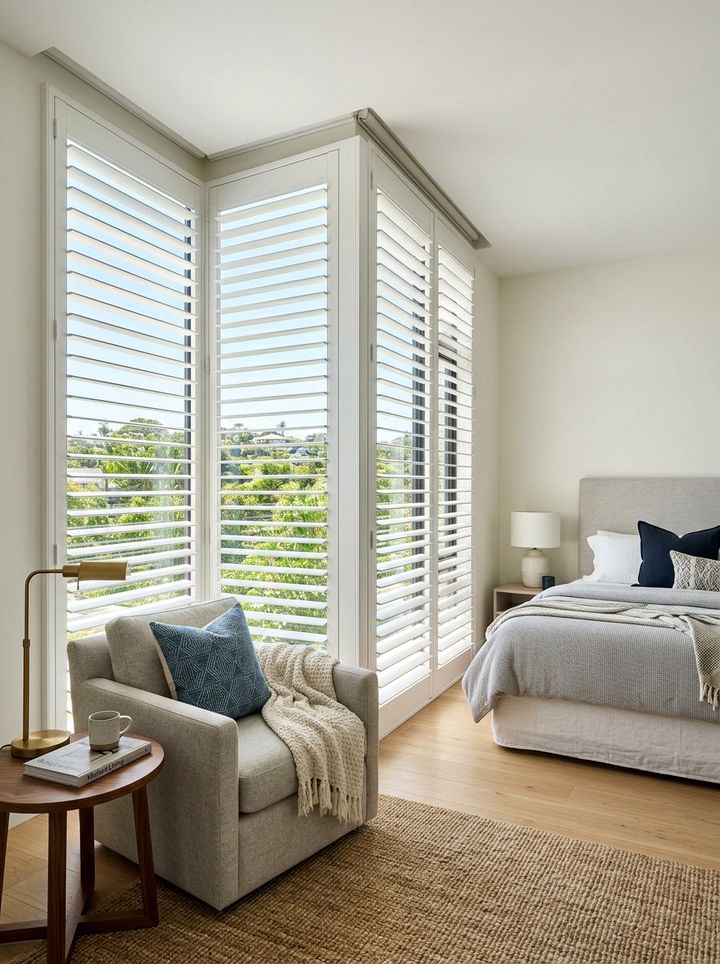 Corner window shutters - 30 bedroom plantation shutters