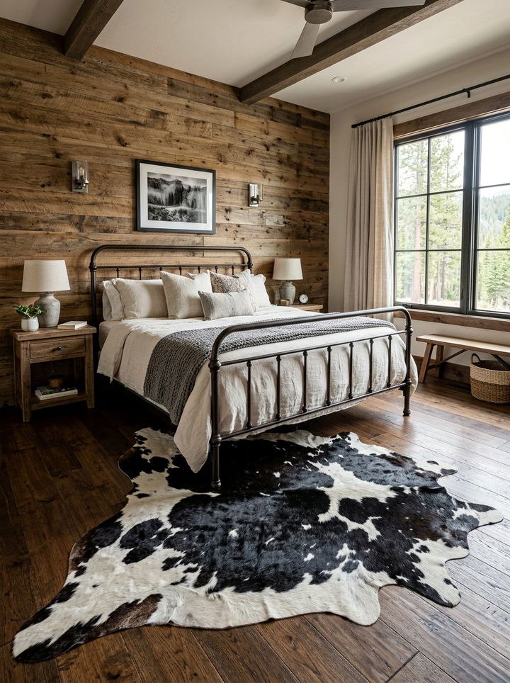 Cowhide Rug - 30 rustic black bedroom ideas