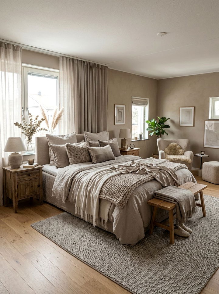 Cozy Layered Greige Bedroom Bedding - 30 greige bedroom ideas