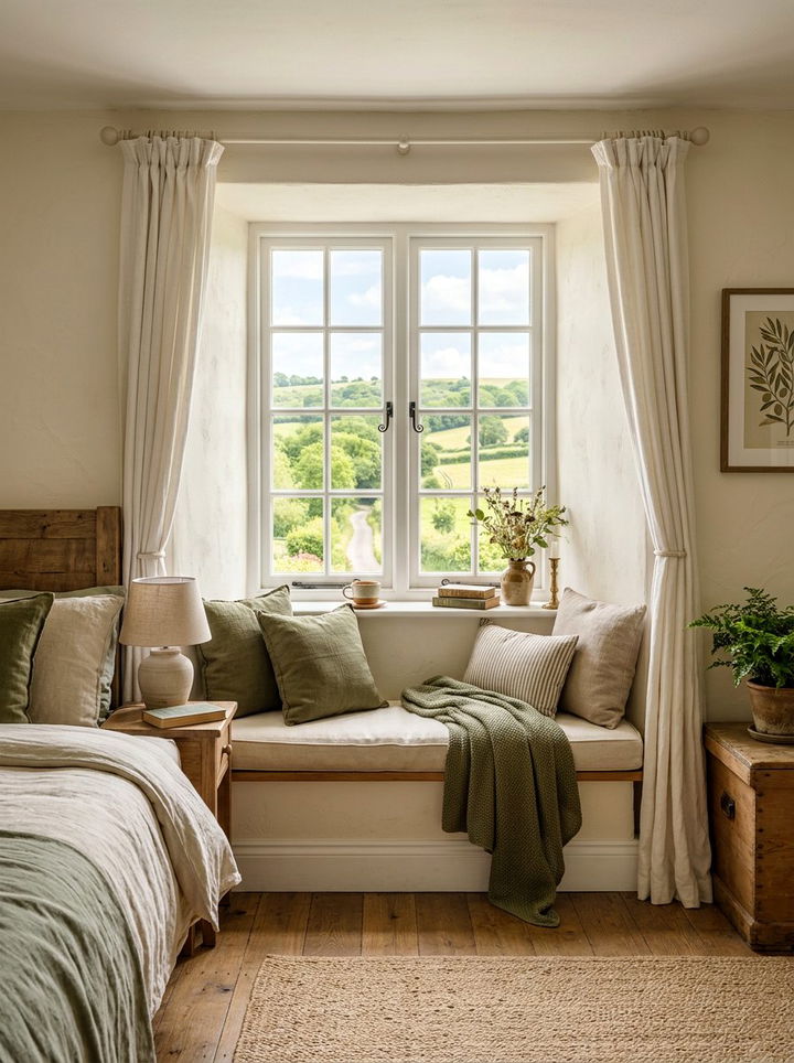 Cozy window seat nook - 30 olive and cream bedroom ideas