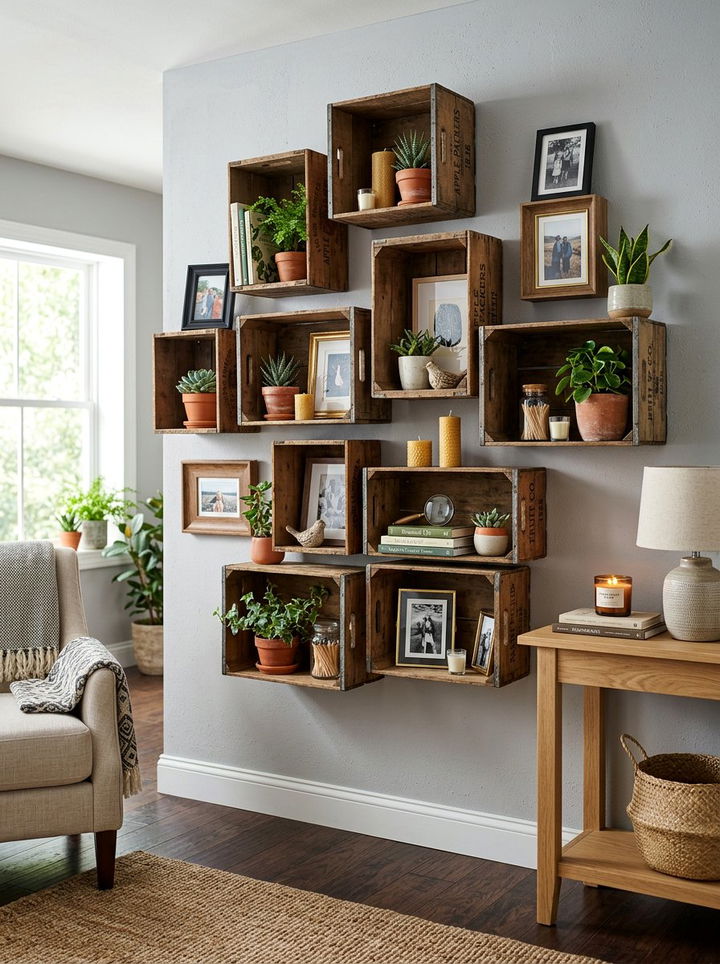 Crate wall storage - 30 upcycled bedroom ideas