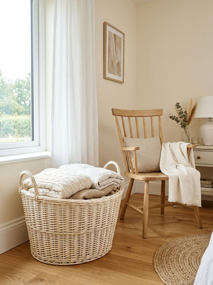Cream Bedroom Wicker Basket - 30 farmhouse cream bedroom ideas