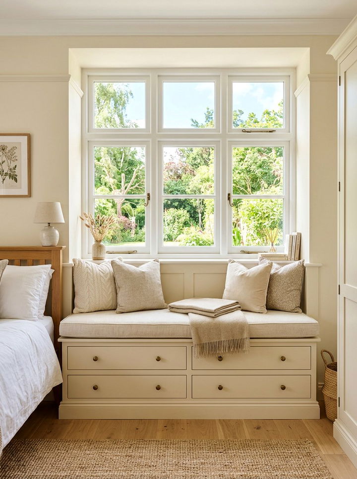 Cream Bedroom Window Seat - 30 farmhouse cream bedroom ideas