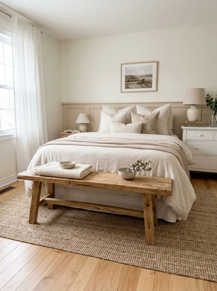 Cream Bedroom Wood Bench - 30 farmhouse cream bedroom ideas